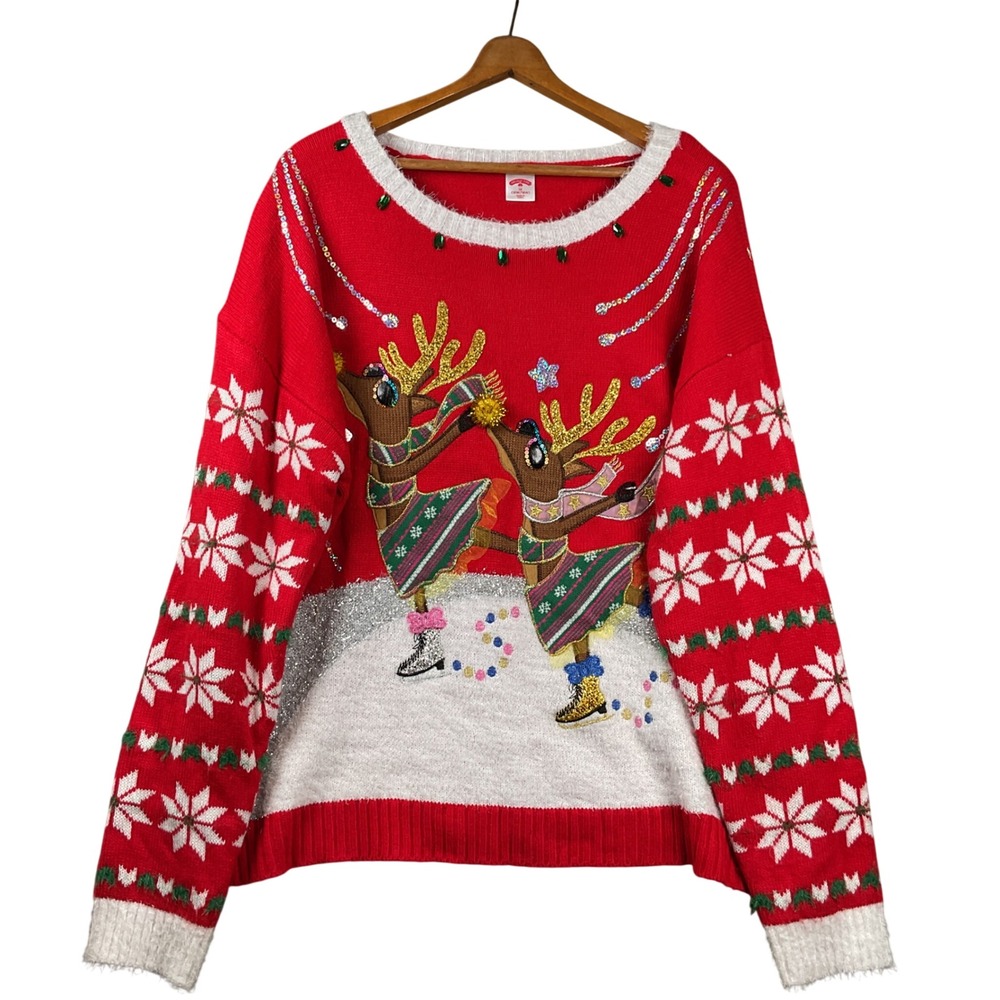 Holiday Time Sweater Womens 1X Red Reindeer Ice Skating Sequin HT41100029887SP